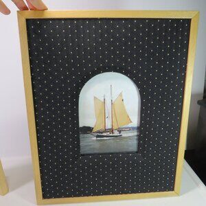 Solid Oak picture frame with glass & black brocade dotted fabric (pic removable)